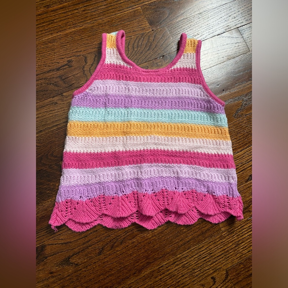 toddler girl 4T scalloped edge crochet knit top pastel stripes cotton blend tank - Picture 6 of 11